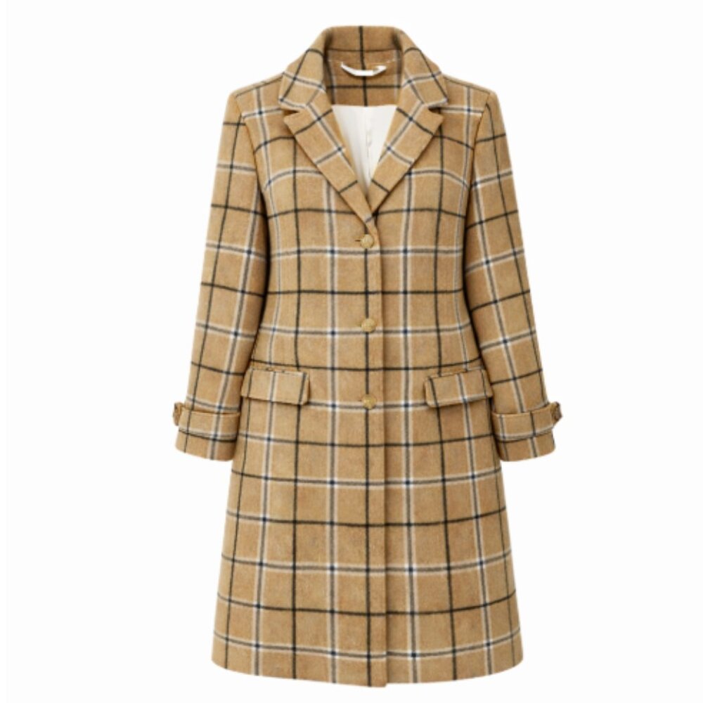 Isaac Mizrahi Plaid Wool Blend Coat Size 1X Plus Camel Notch Lapel NWT